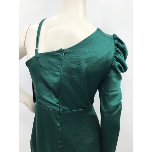 Lulus Green Satin One Shoulder Puff Sleeve Ruffle Trim Mini Dress L Party - Picture 7 of 10